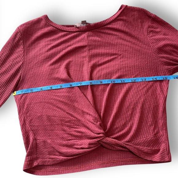 Women’s Burgundy Ribbed Long Sleeve Crop Top w/ Knotted Front | Size Small - Picture 5 of 10